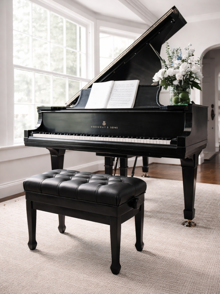Benchoom adjustable piano bench positioned next to a grand piano