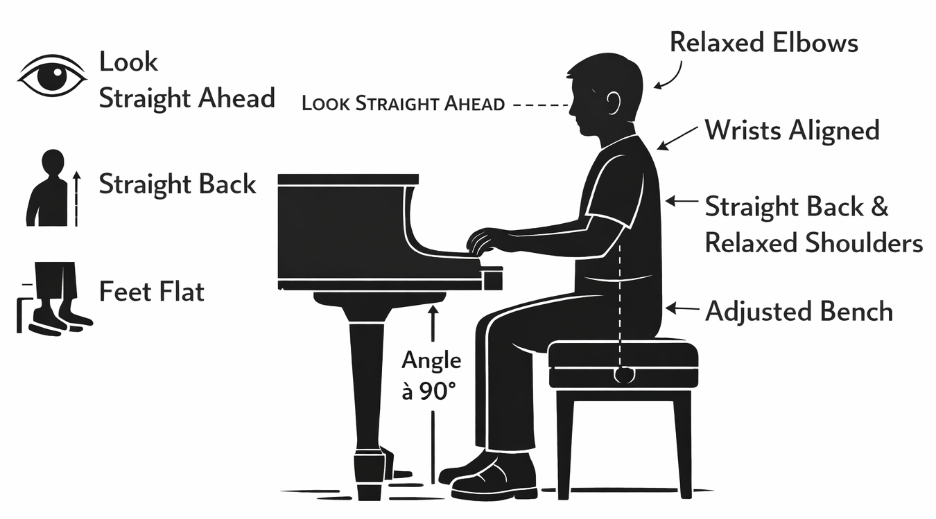 Piano bench posture diagram showing correct seated position with adjusted bench height