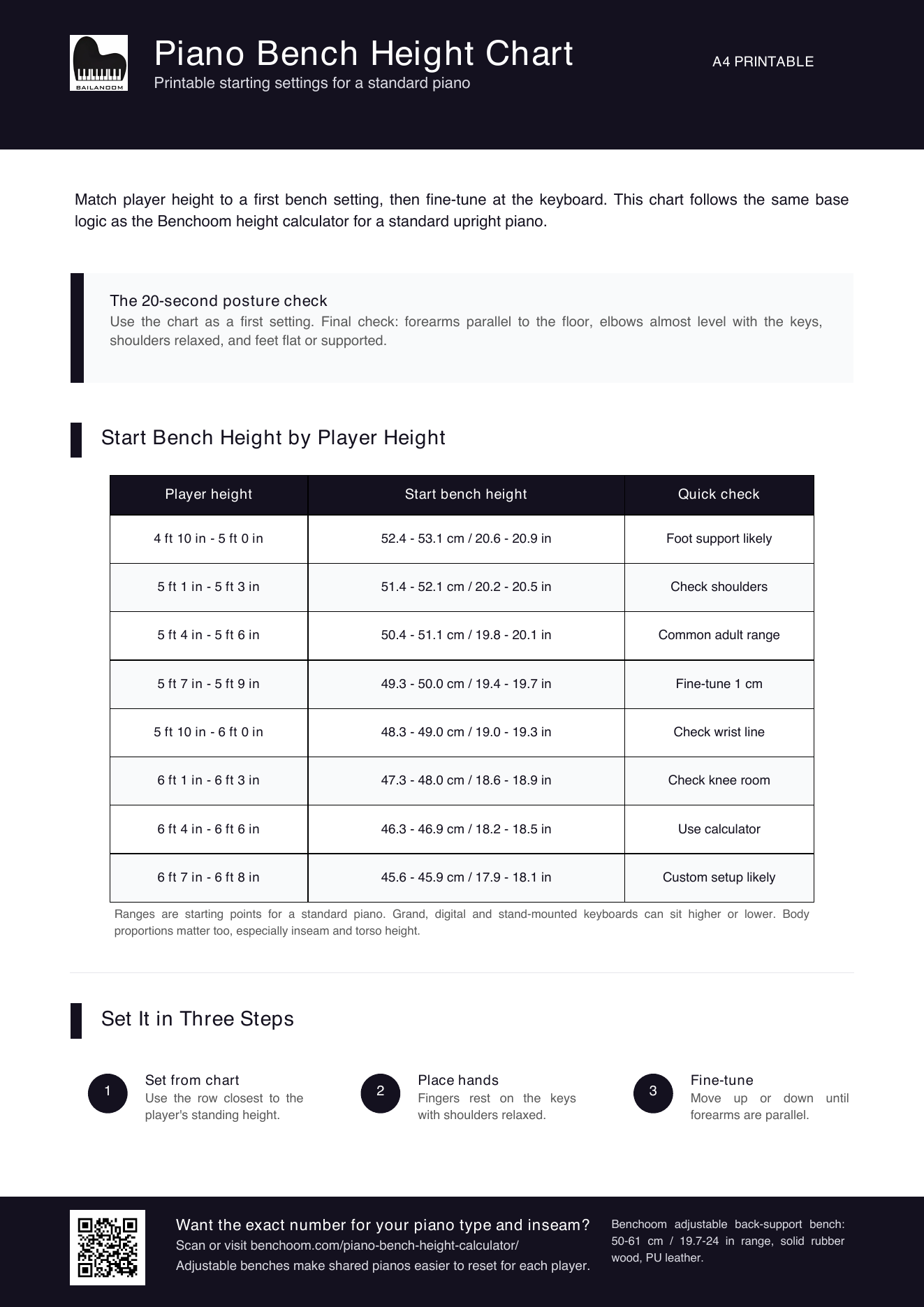 Piano bench height chart PDF preview by player height