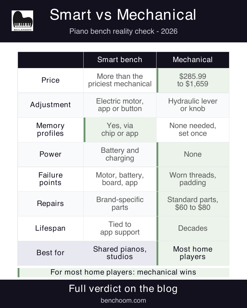 Comparison table of smart vs mechanical piano benches: price, adjustment, memory, failure points, repairs, lifespan
