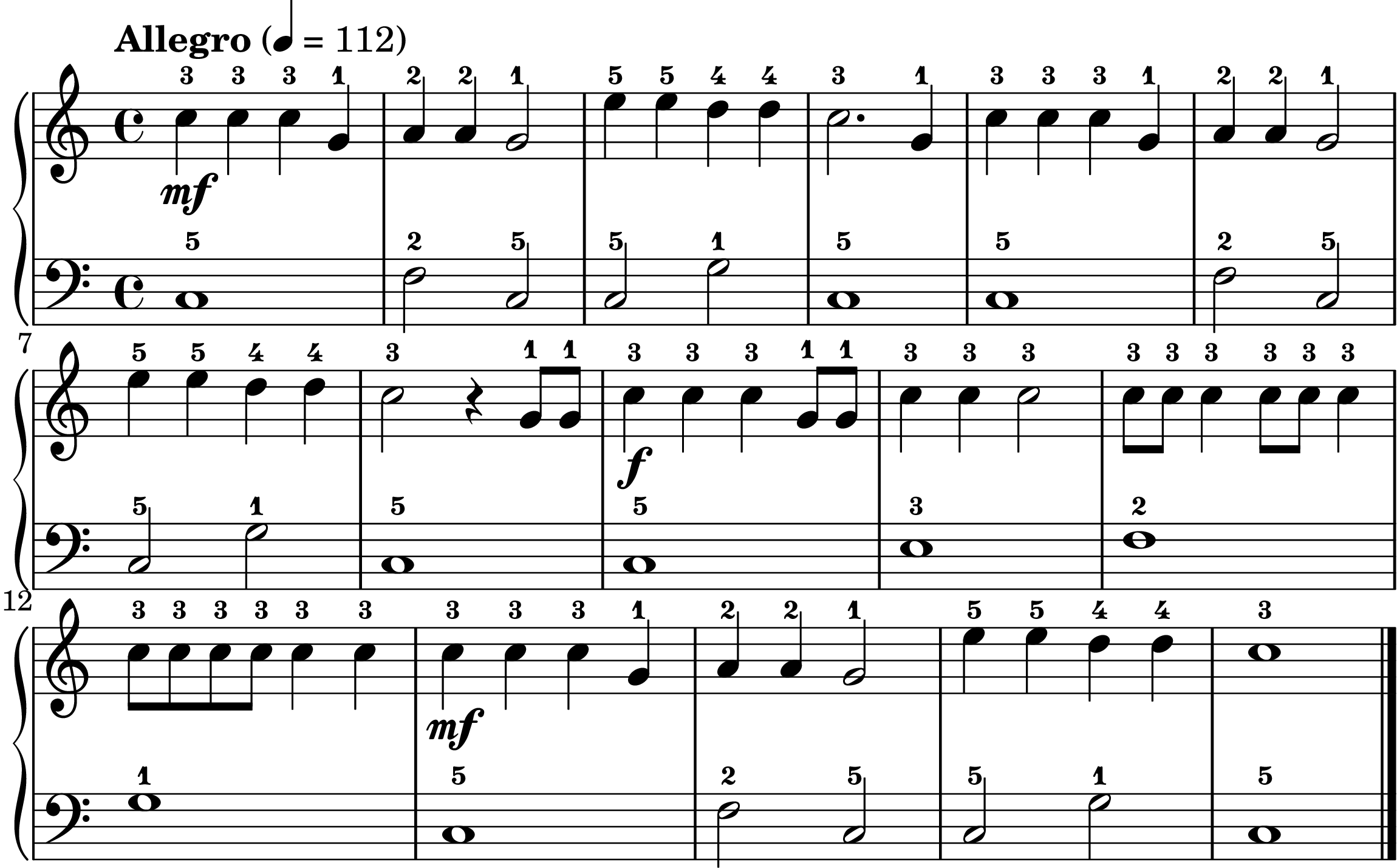 Old MacDonald free piano sheet for kids - oversized notation with fingering