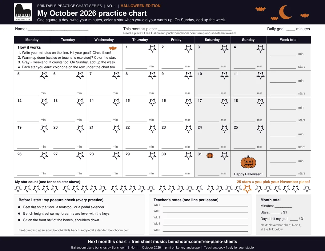 Printable piano practice chart for October 2026 with a star for each practice day